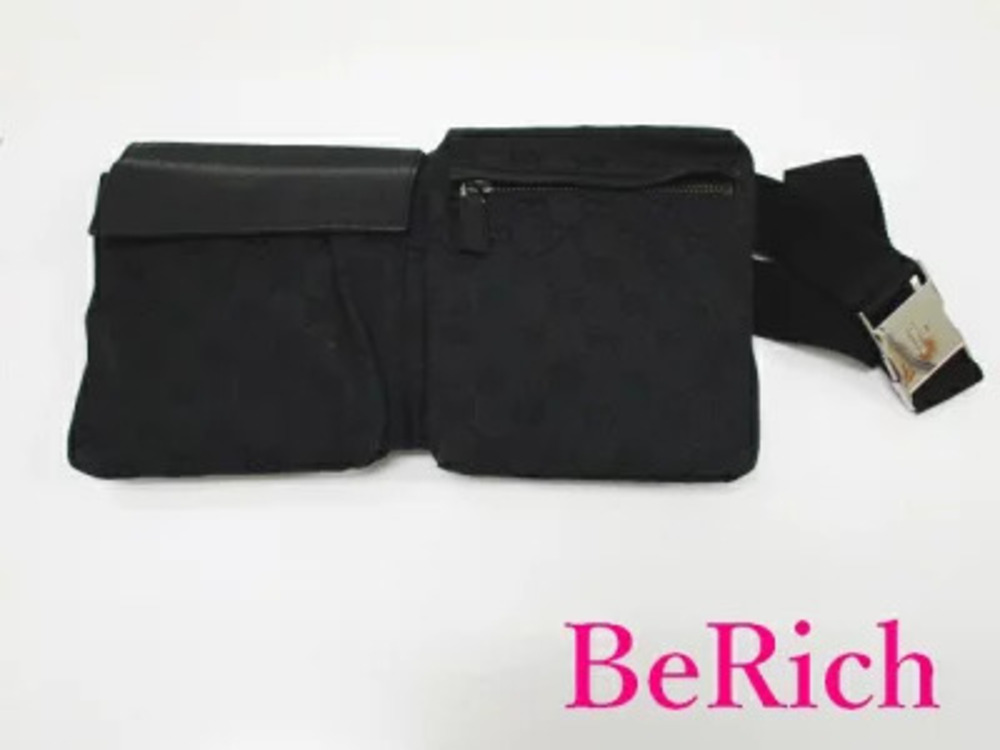 Gucci Waist Bag GG Black Canvas Leather Pouch Clutch Body Belt